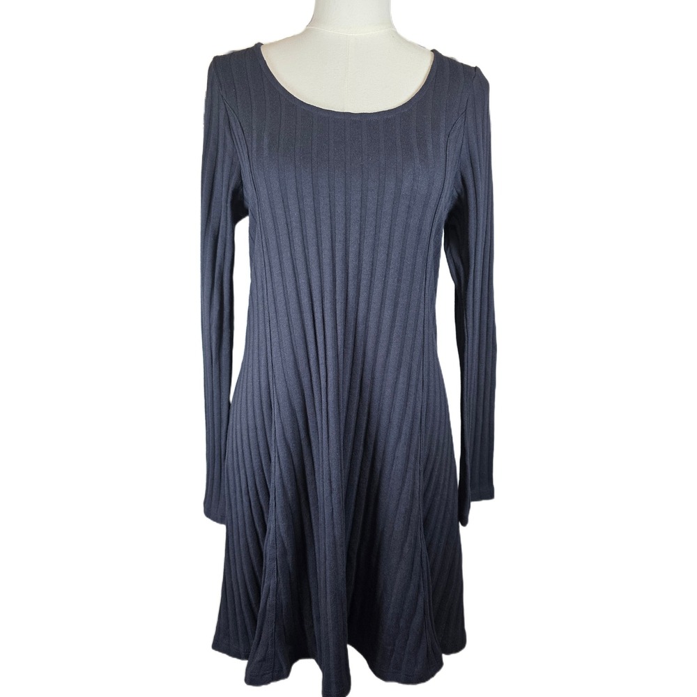 NEXT‎ Navy Ribbed Long Sleeve Cotton Blend Scoop Neck Dress